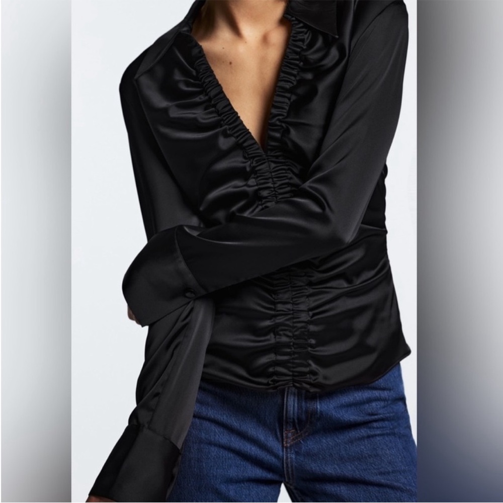 Zara Satin Effect Ruched Gathered Long Sleeve Blouse Top Collared Shirt Black